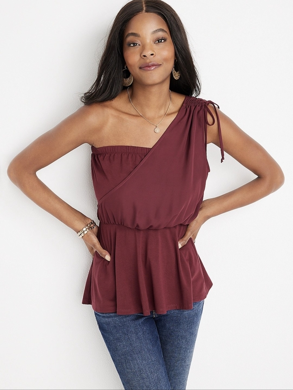 Maurices One-Shoulder Burgundy Peplum Top